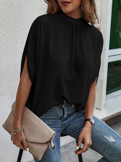 Solid Color Mock Neck 3/4 Sleeves Blouse