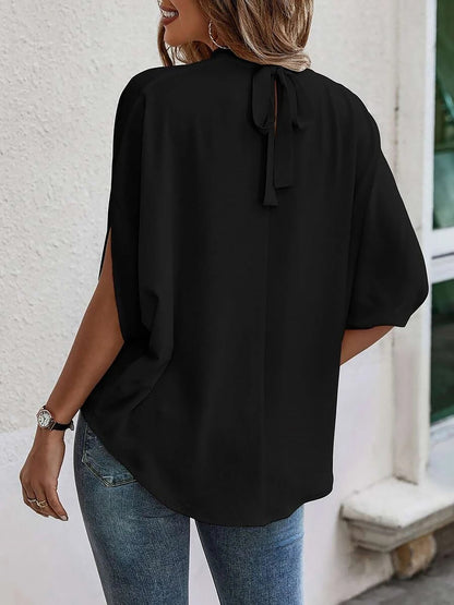 Solid Color Mock Neck 3/4 Sleeves Blouse