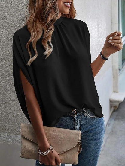 Solid Color Mock Neck 3/4 Sleeves Blouse