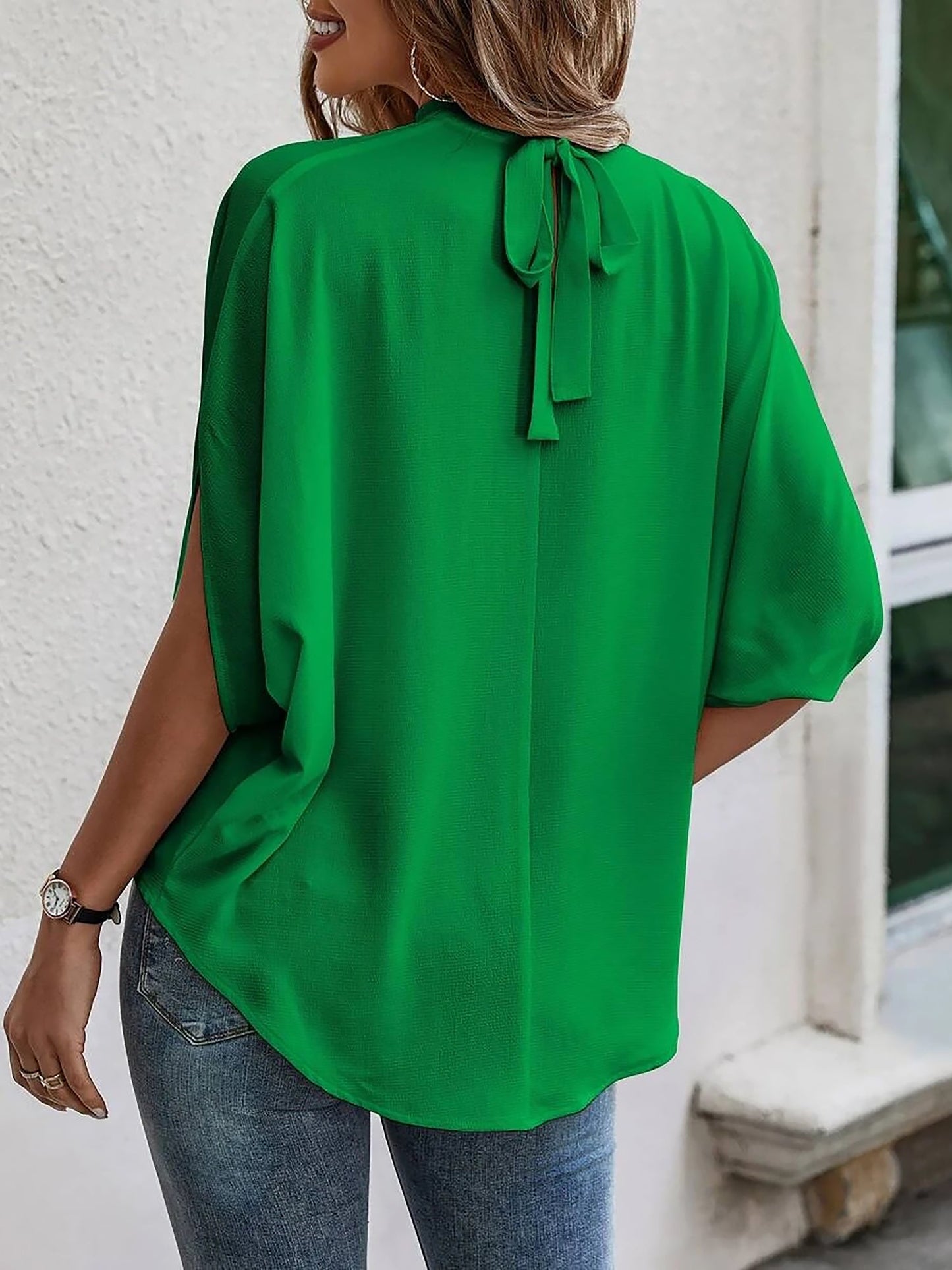 Solid Color Mock Neck 3/4 Sleeves Blouse