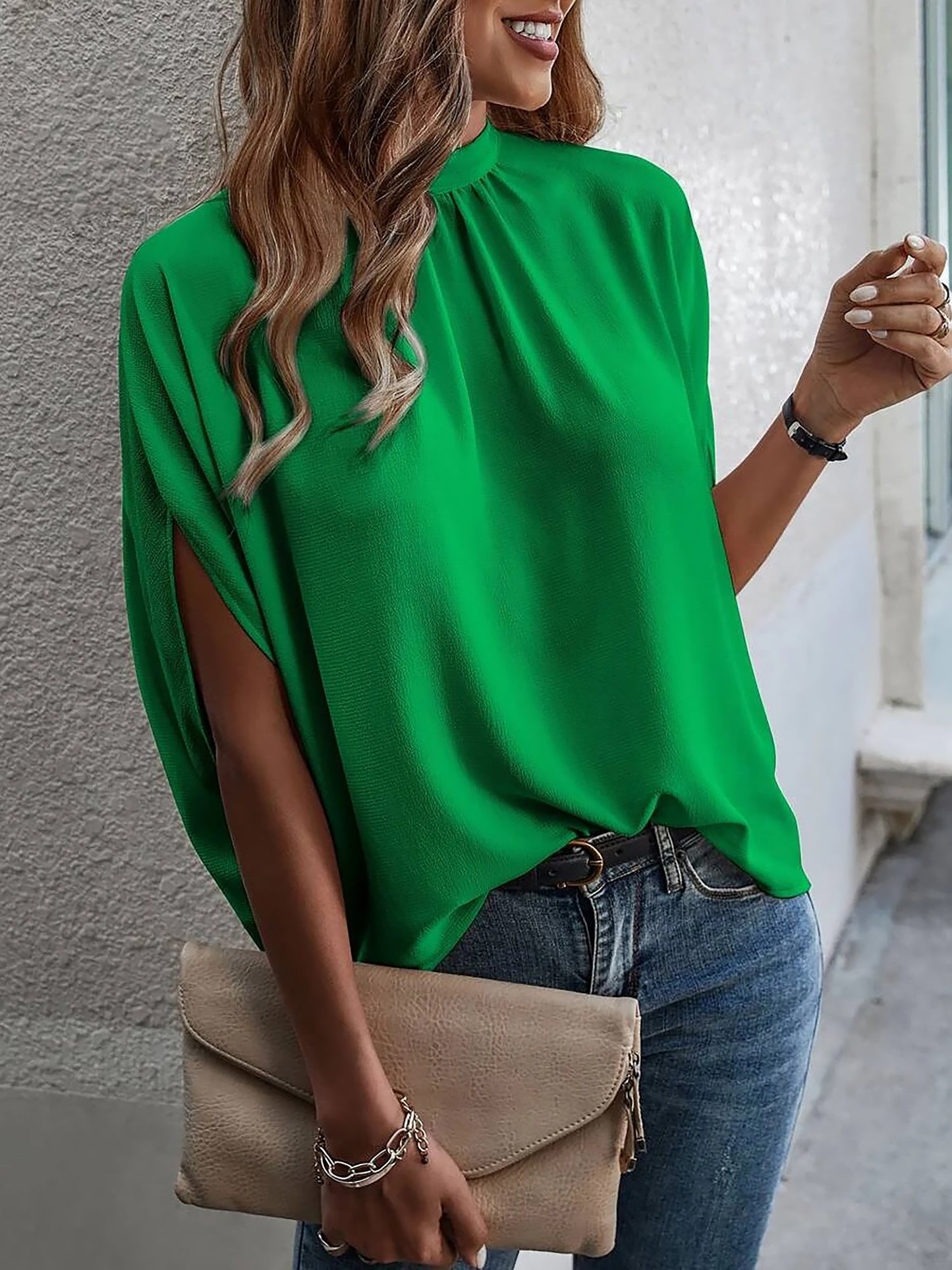 Solid Color Mock Neck 3/4 Sleeves Blouse