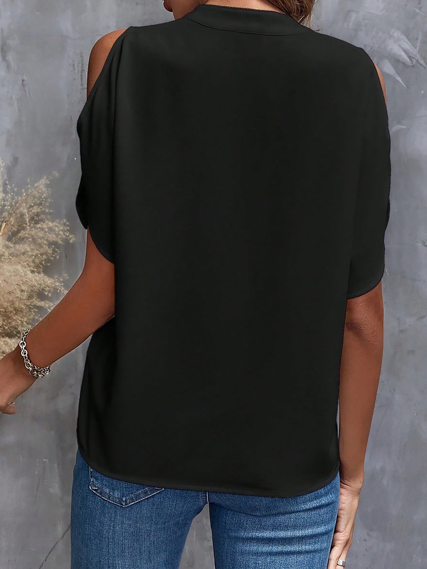 Notch Neck Cold Shoulder Solid Color Blouse