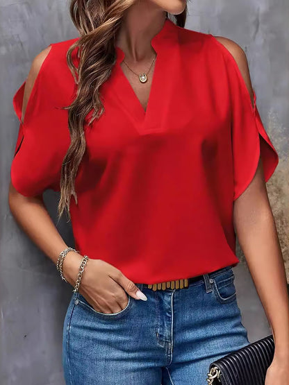 Notch Neck Cold Shoulder Solid Color Blouse