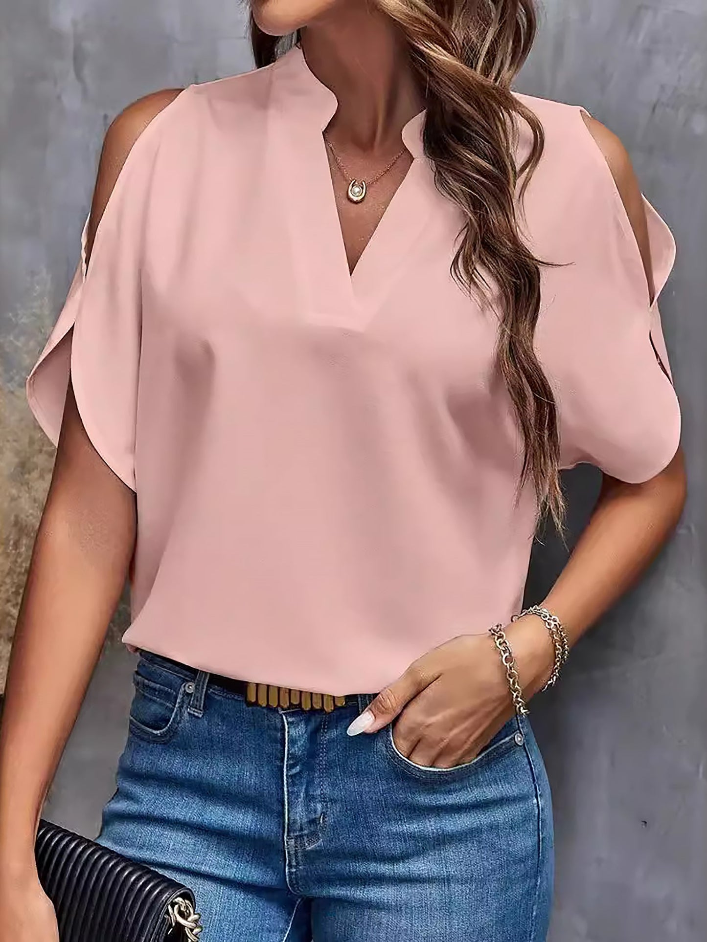 Notch Neck Cold Shoulder Solid Color Blouse