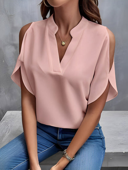 Notch Neck Cold Shoulder Solid Color Blouse