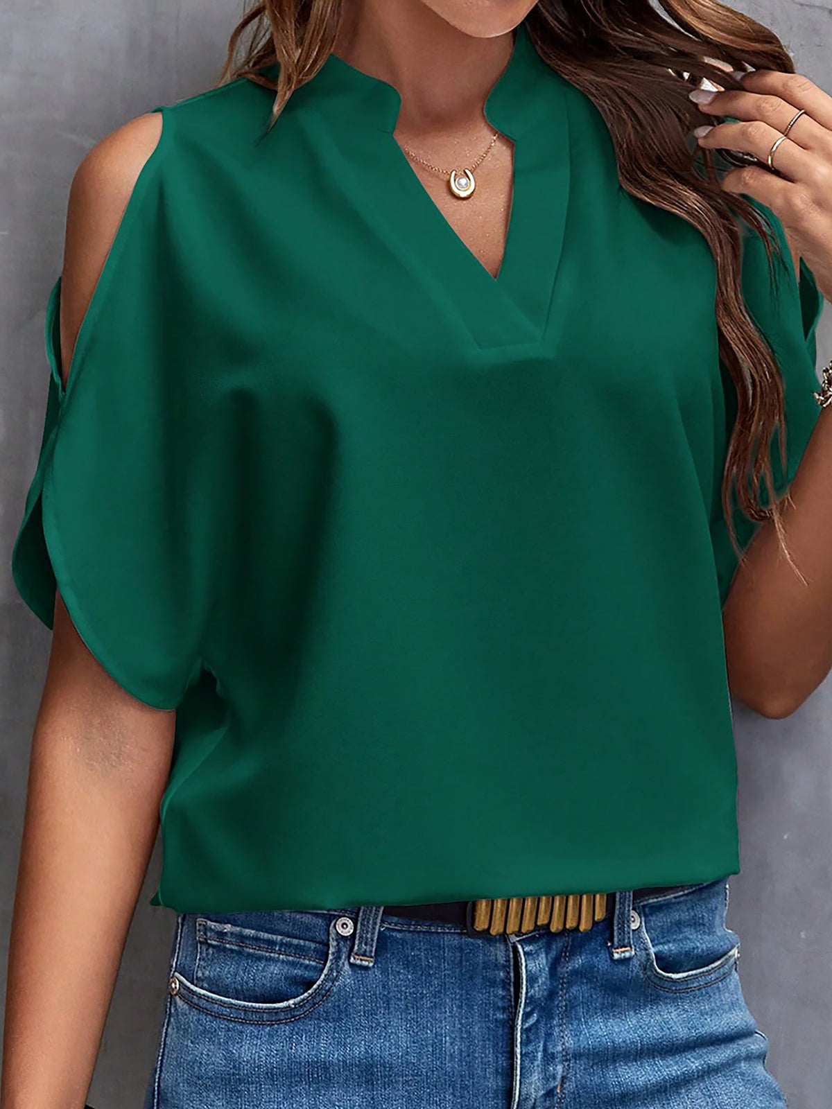 Notch Neck Cold Shoulder Solid Color Blouse