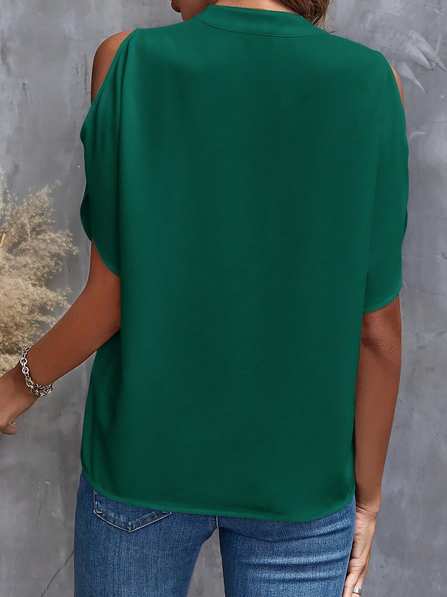 Notch Neck Cold Shoulder Solid Color Blouse