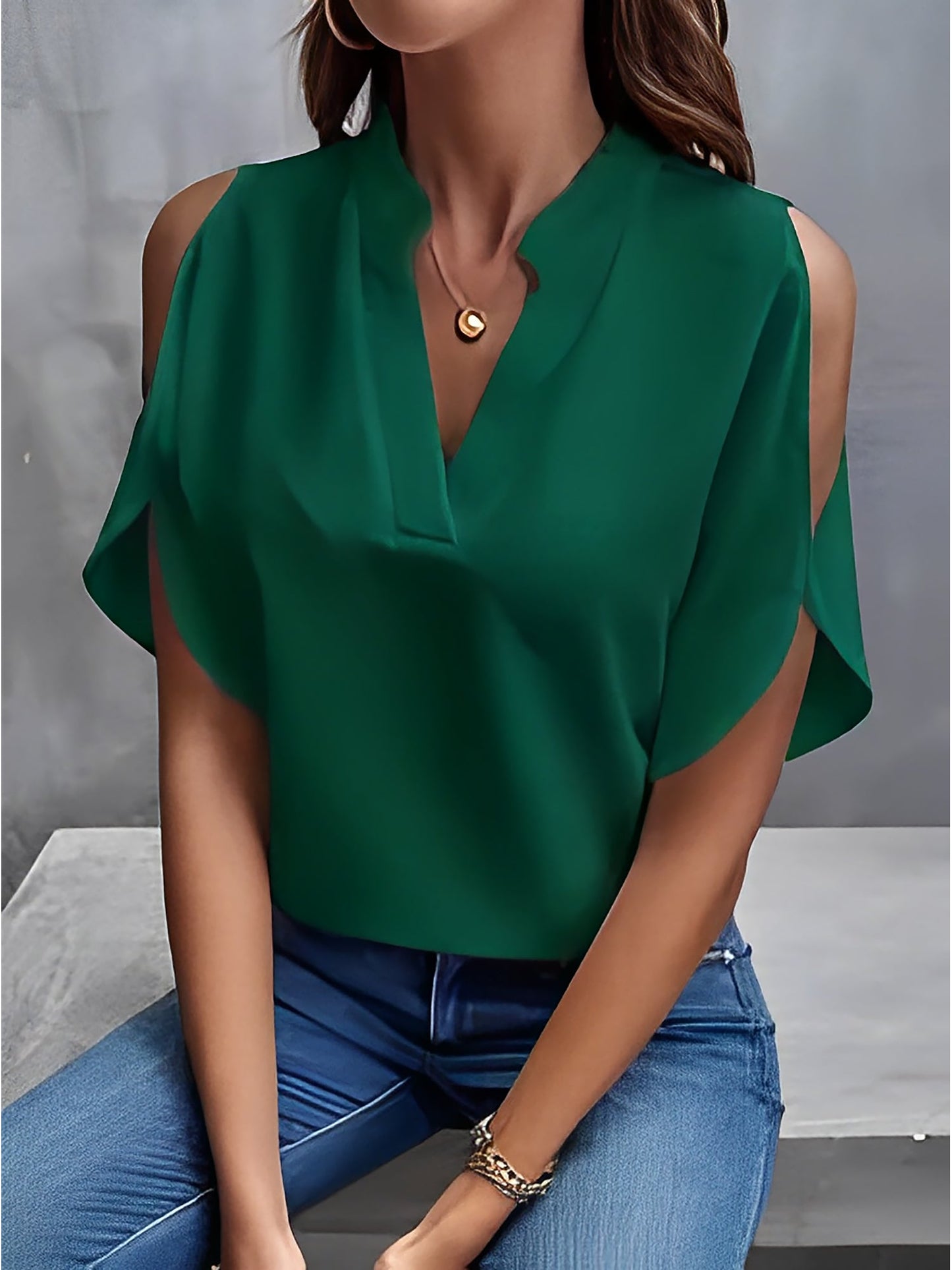 Notch Neck Cold Shoulder Solid Color Blouse