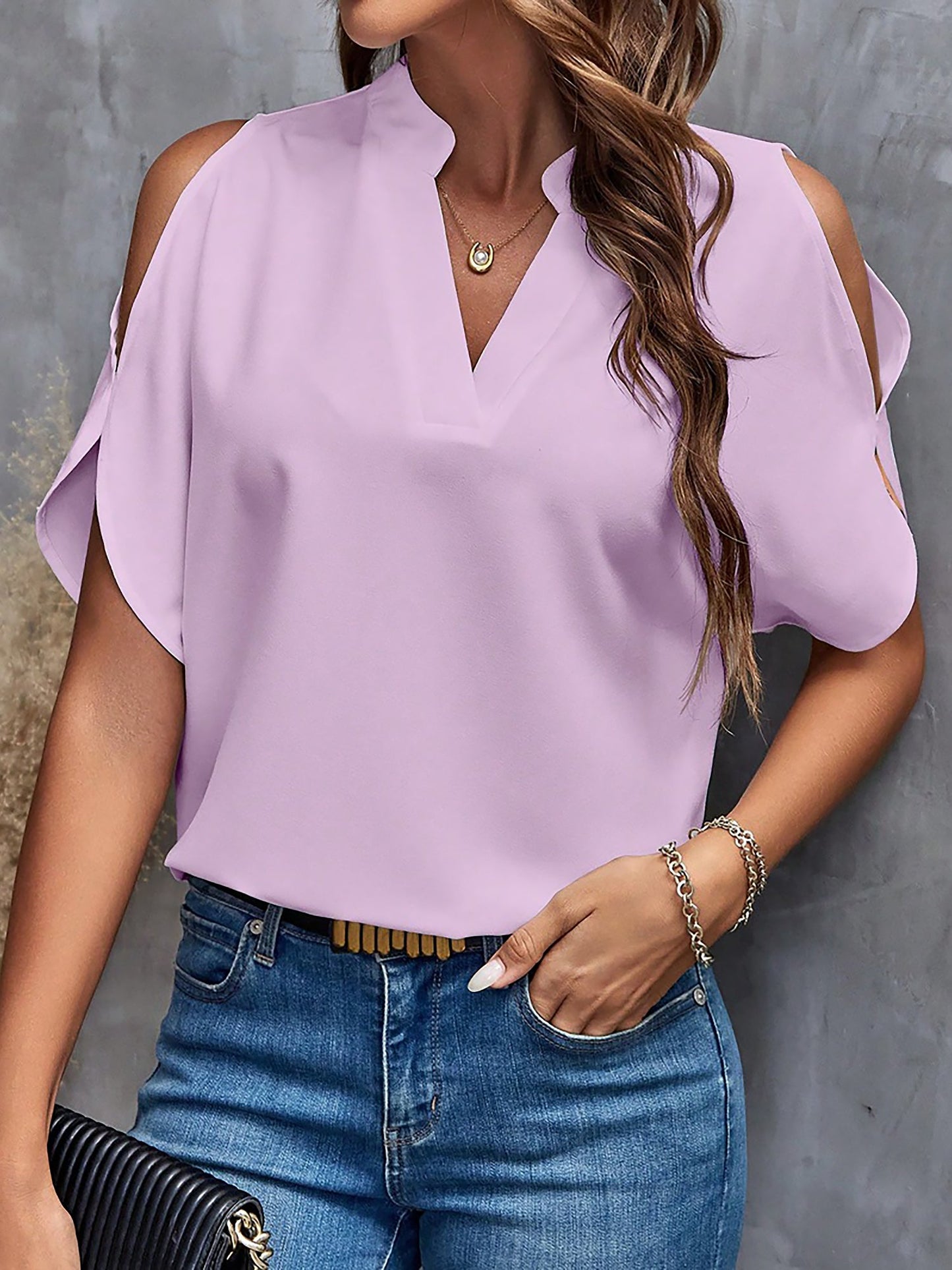 Notch Neck Cold Shoulder Solid Color Blouse