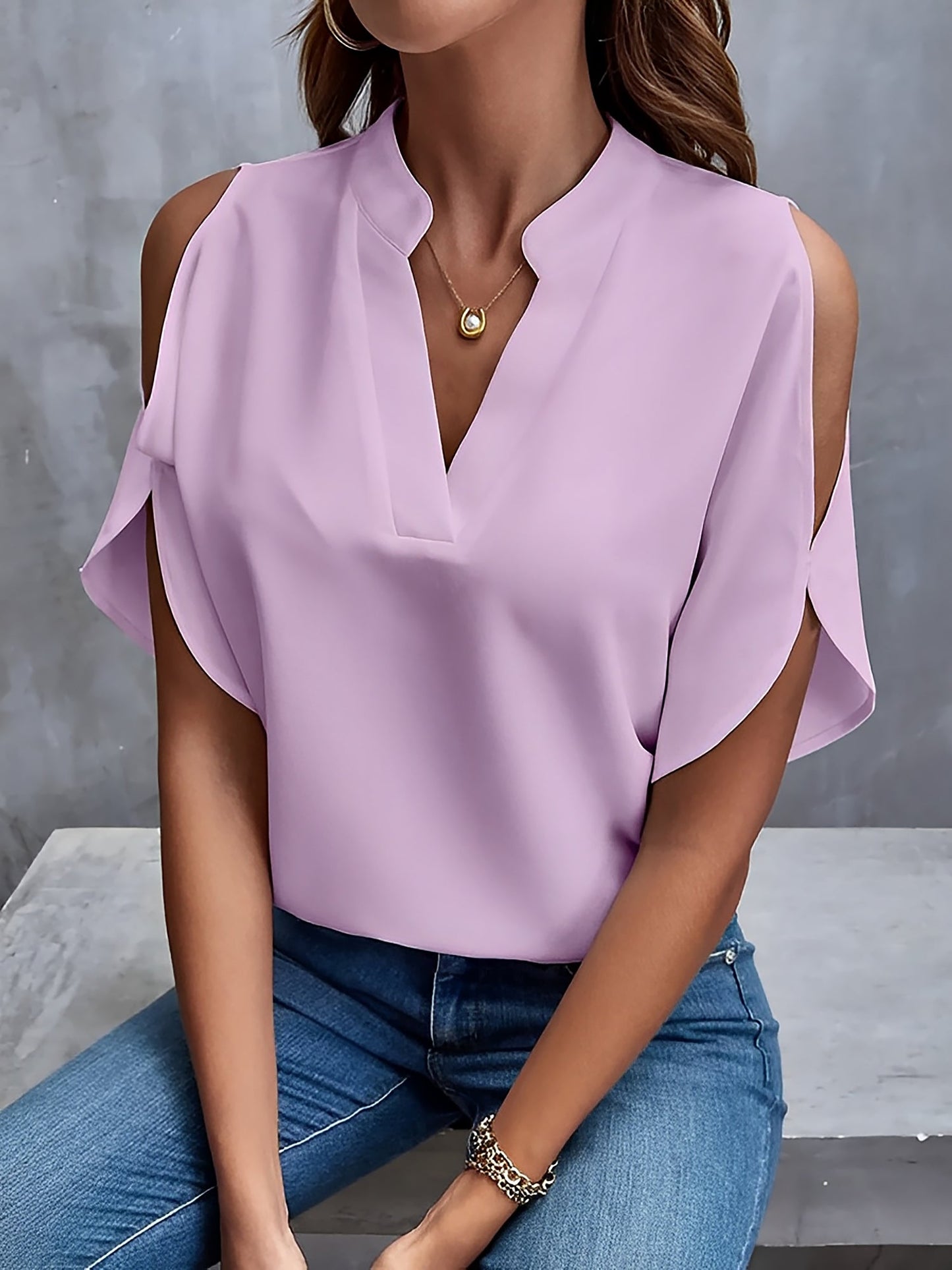 Notch Neck Cold Shoulder Solid Color Blouse