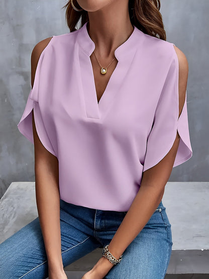 Notch Neck Cold Shoulder Solid Color Blouse