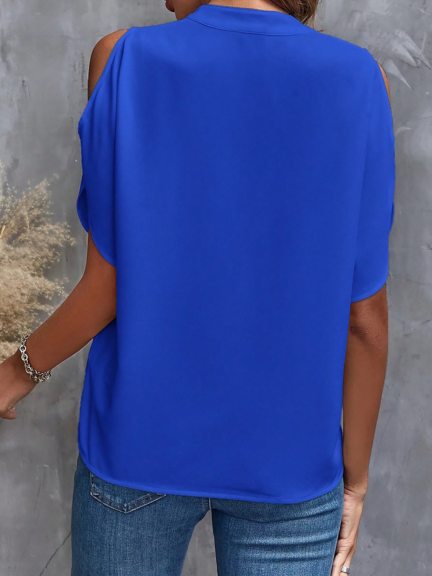 Notch Neck Cold Shoulder Solid Color Blouse