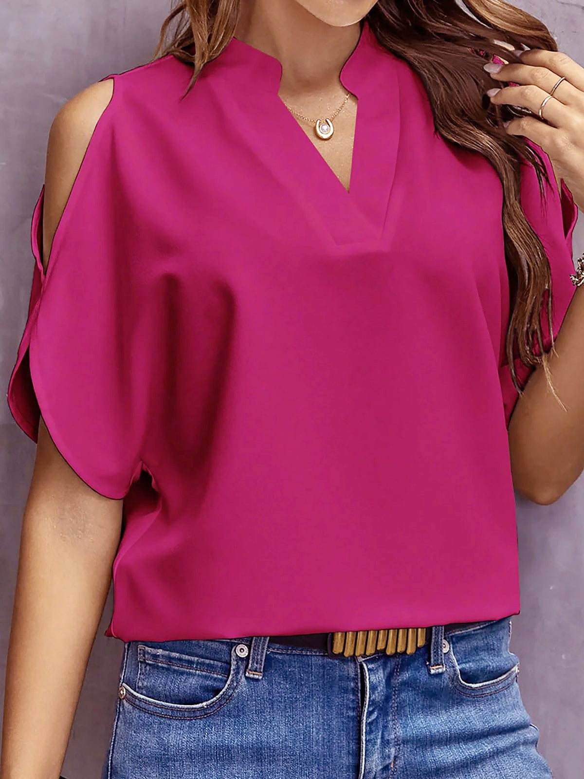 Notch Neck Cold Shoulder Solid Color Blouse
