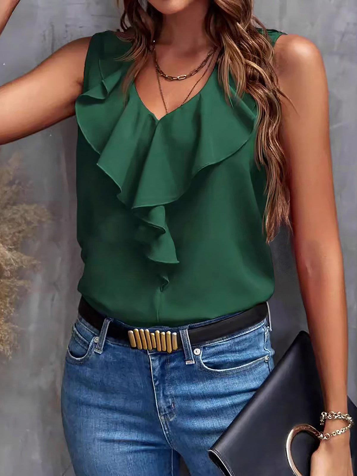 Solid Color Ruffled V Neck Sleeves Blouse