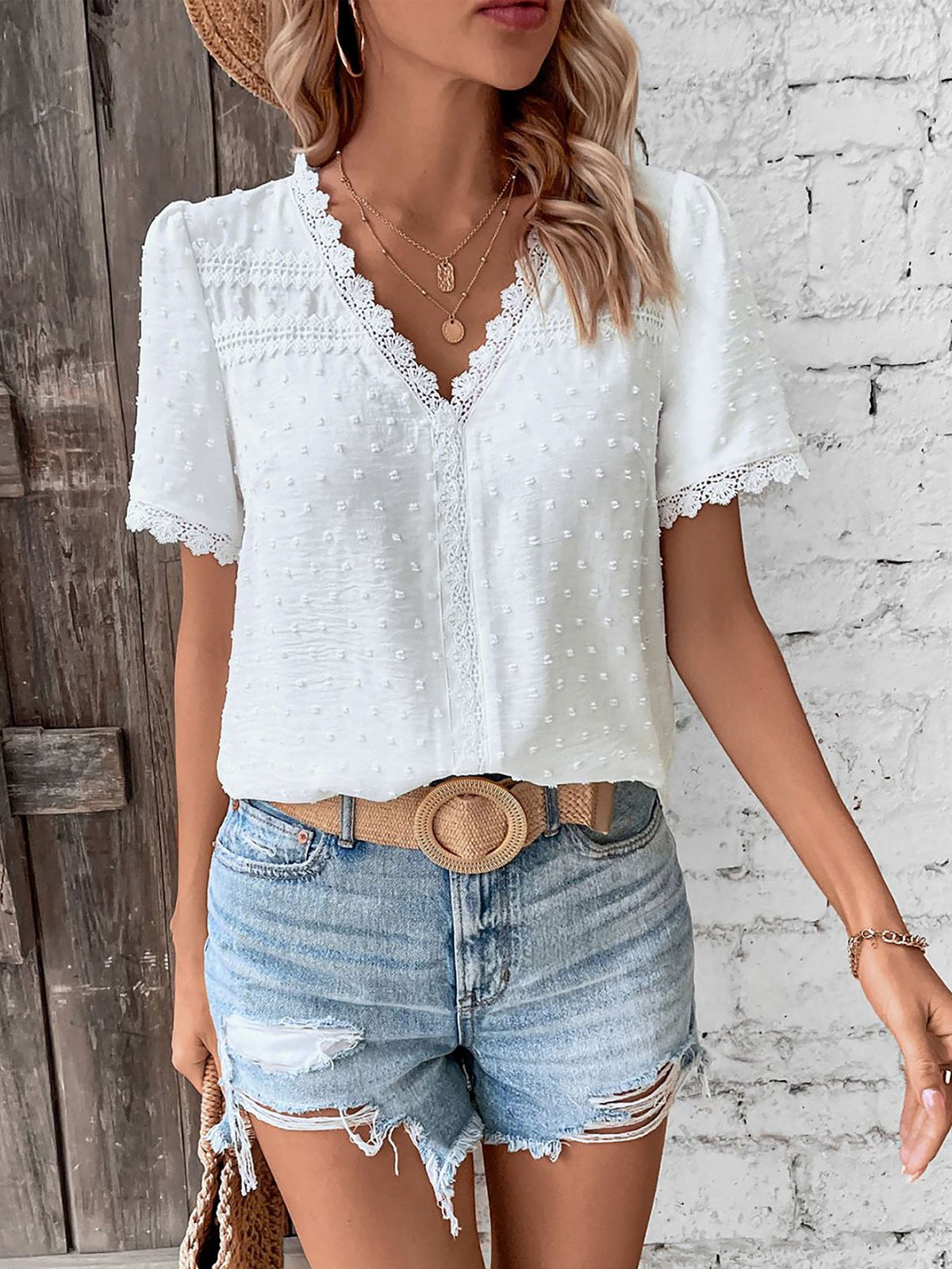 Lace Trimmed Swiss Dots Short Sleeves Blouse