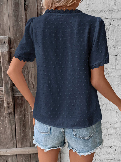 Lace Trimmed Swiss Dots Short Sleeves Blouse