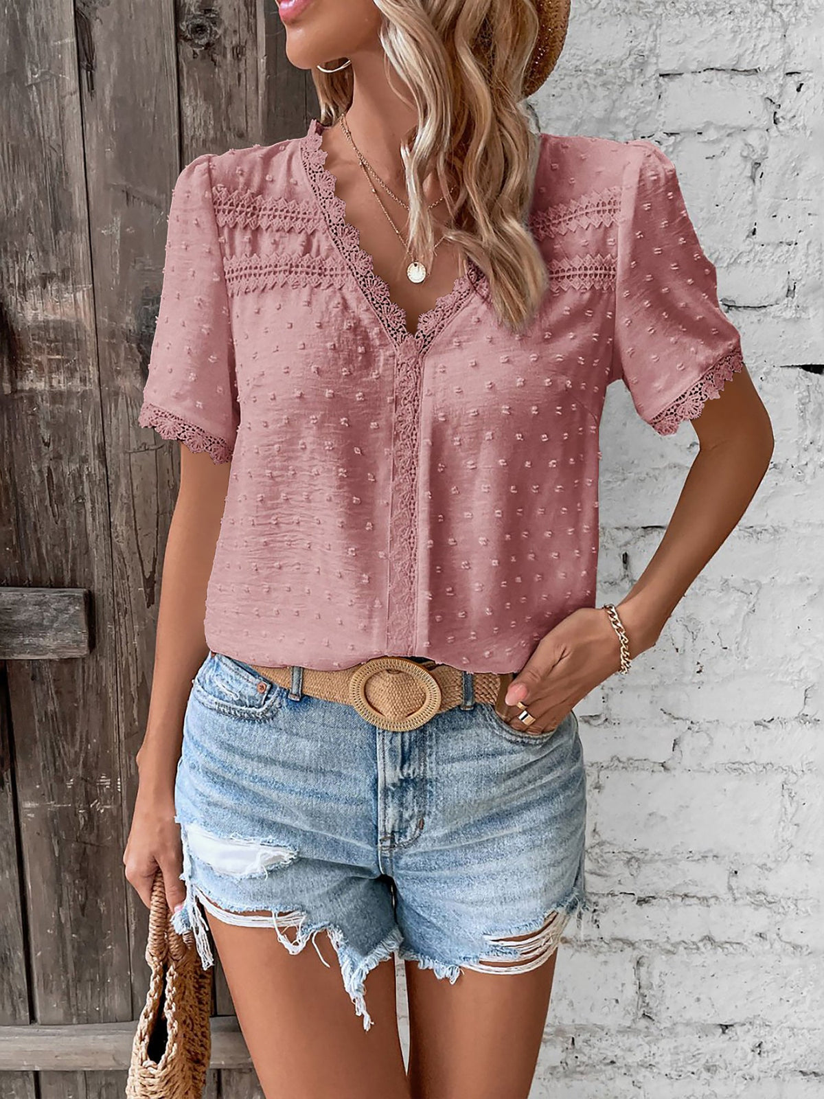 Lace Trimmed Swiss Dots Short Sleeves Blouse