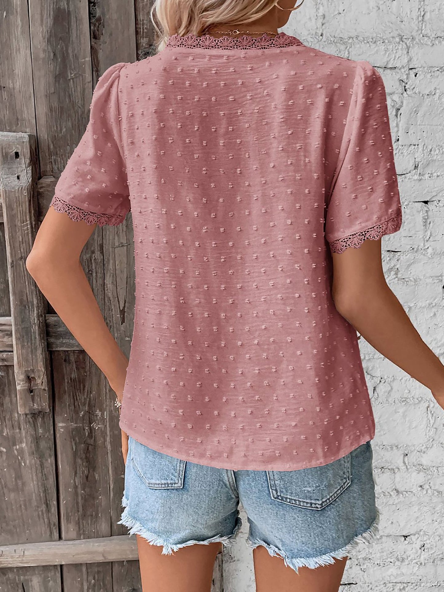 Lace Trimmed Swiss Dots Short Sleeves Blouse