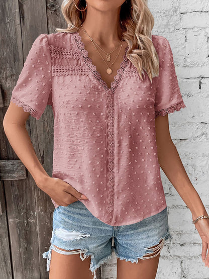 Lace Trimmed Swiss Dots Short Sleeves Blouse