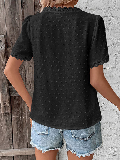 Lace Trimmed Swiss Dots Short Sleeves Blouse