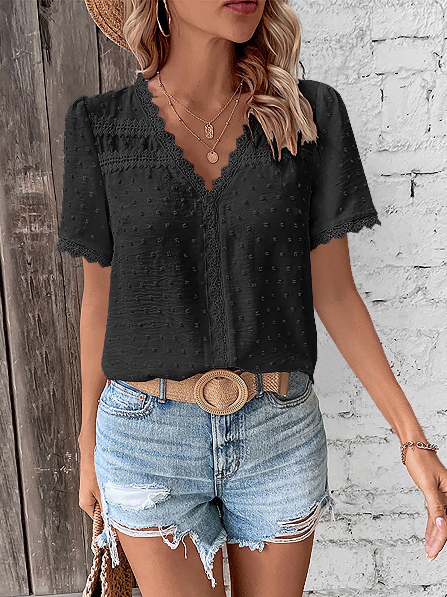 Lace Trimmed Swiss Dots Short Sleeves Blouse