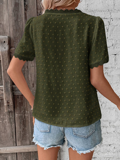 Lace Trimmed Swiss Dots Short Sleeves Blouse
