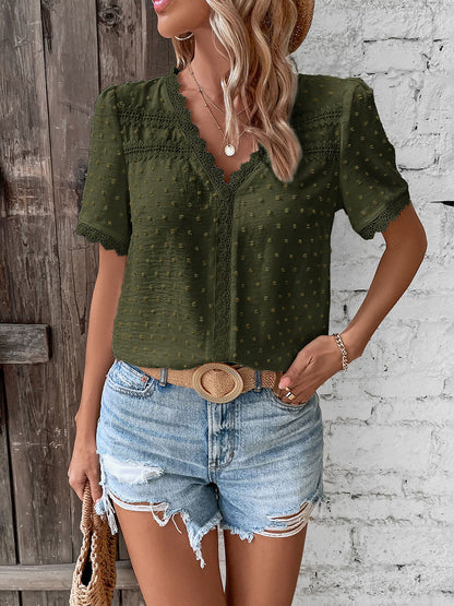 Lace Trimmed Swiss Dots Short Sleeves Blouse