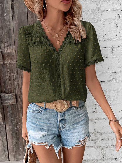 Lace Trimmed Swiss Dots Short Sleeves Blouse