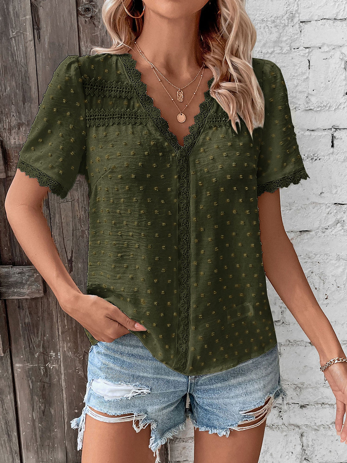 Lace Trimmed Swiss Dots Short Sleeves Blouse
