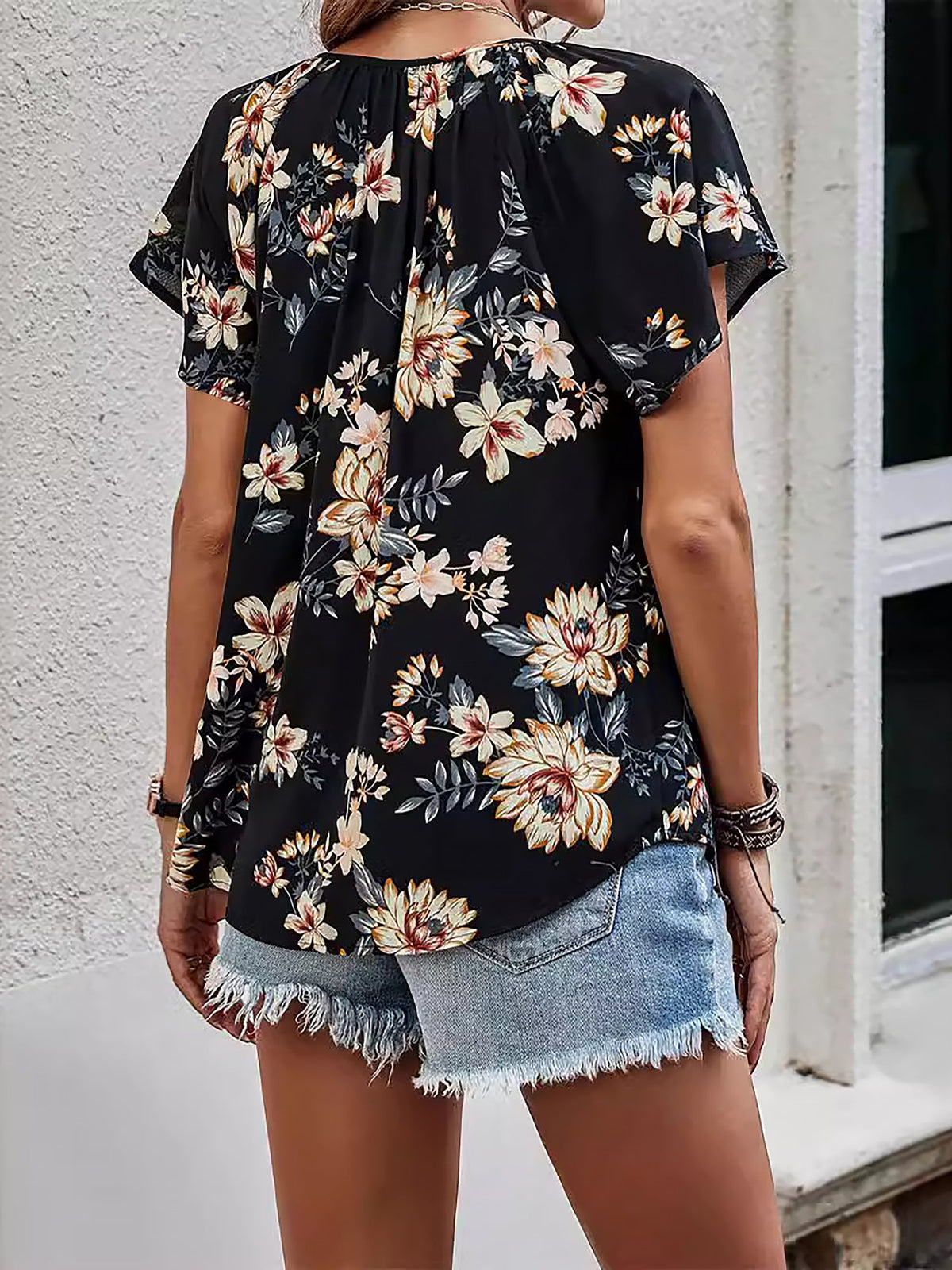 Floral V Neck Short Sleeve Casual Blouse