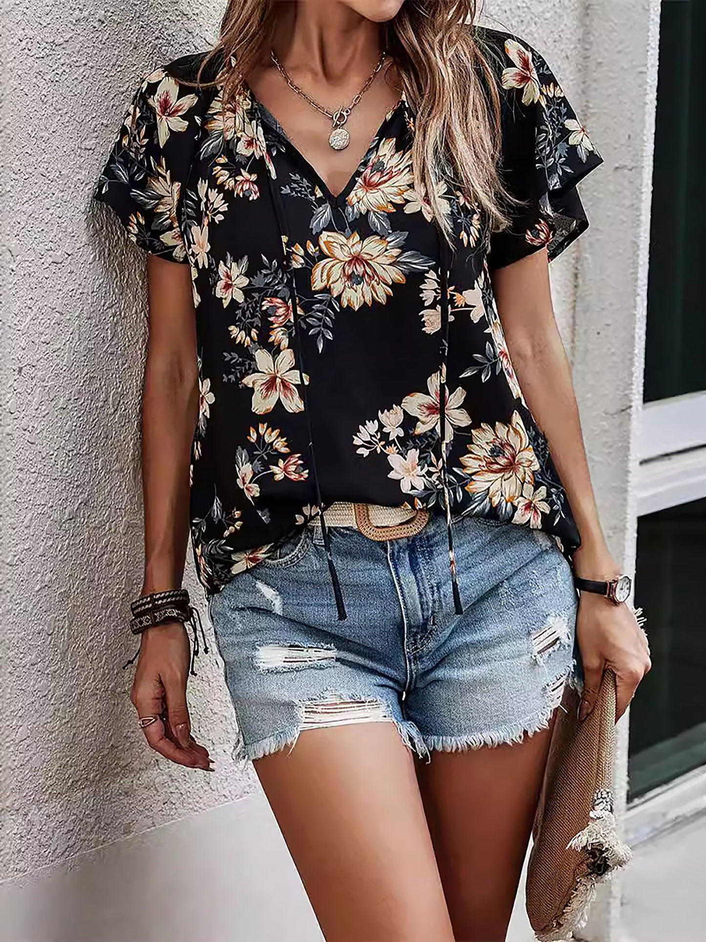 Floral V Neck Short Sleeve Casual Blouse