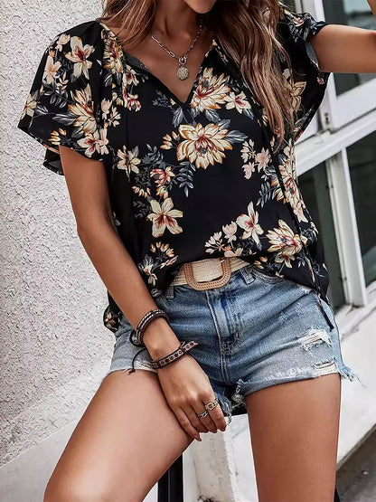 Floral V Neck Short Sleeve Casual Blouse