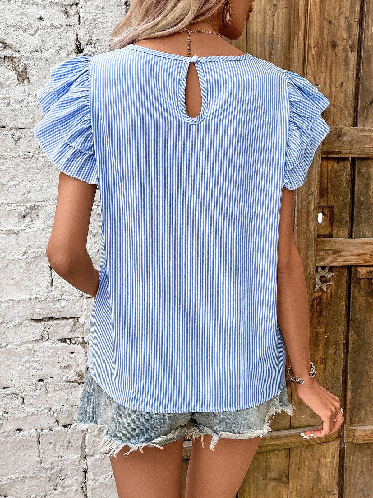 Round Neck Casual Ruffled Sleeve Striped Blouse