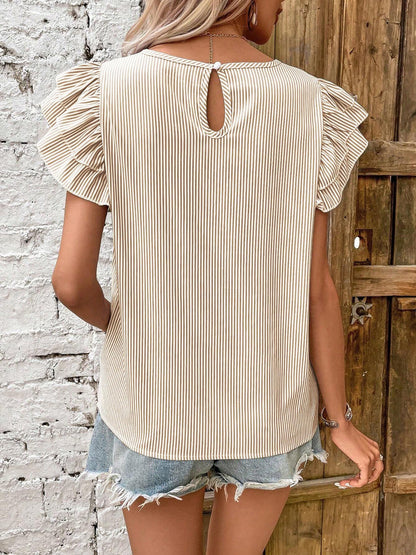 Round Neck Casual Ruffled Sleeve Striped Blouse