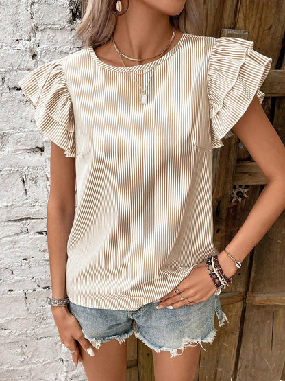 Round Neck Casual Ruffled Sleeve Striped Blouse