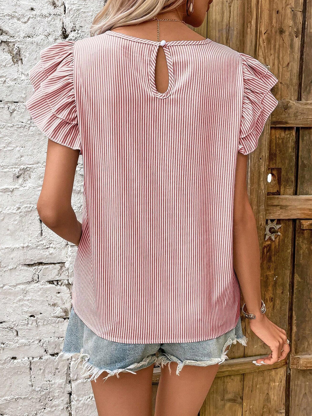 Round Neck Casual Ruffled Sleeve Striped Blouse