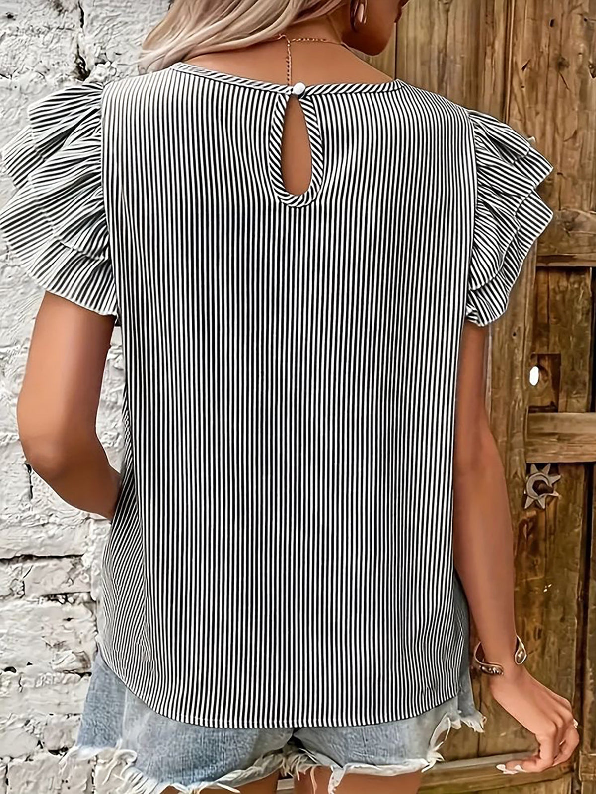 Round Neck Casual Ruffled Sleeve Striped Blouse