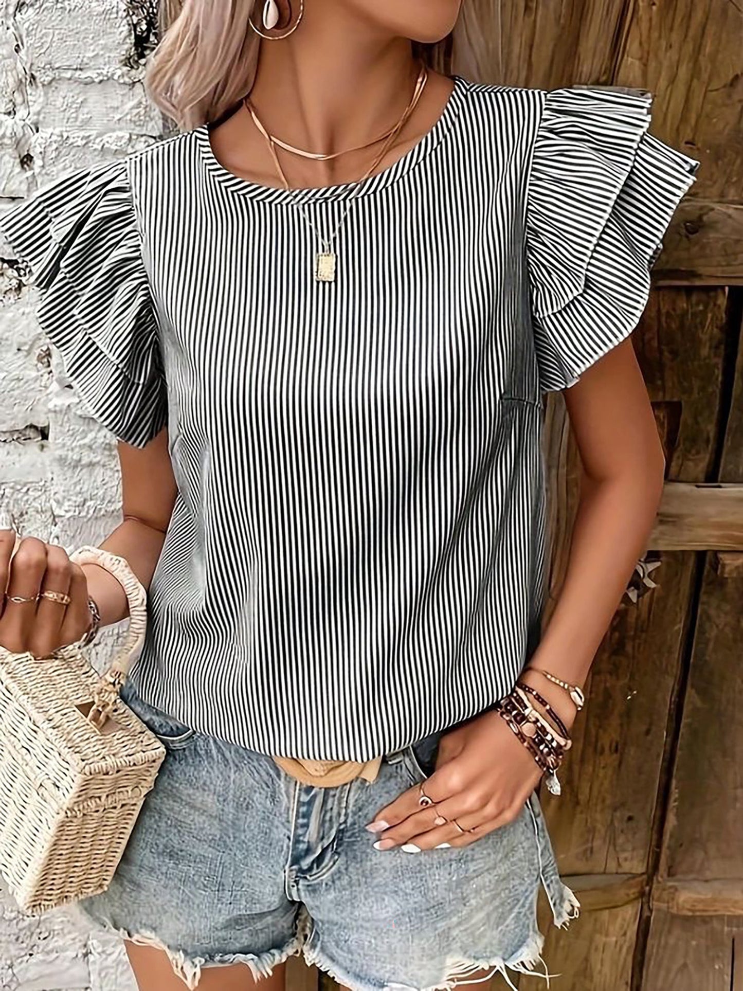 Round Neck Casual Ruffled Sleeve Striped Blouse