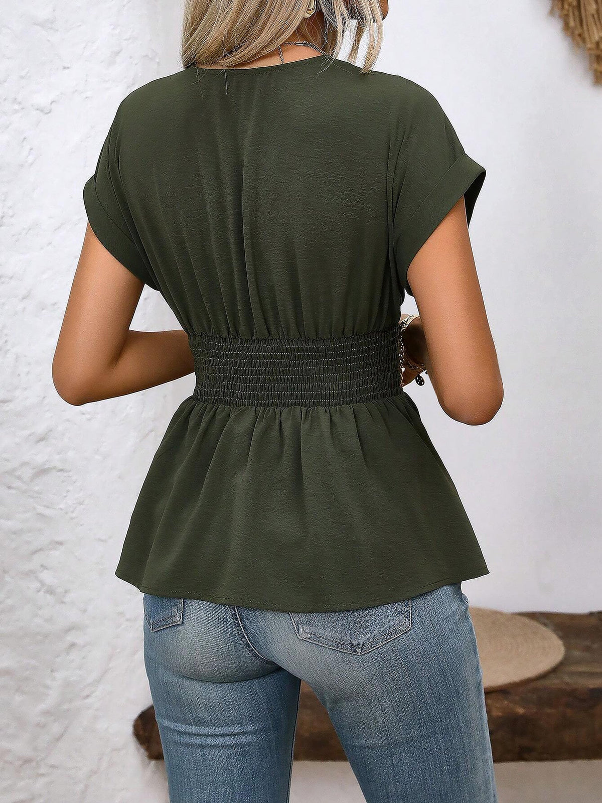 Flattering V Neck Ruched Peplum Blouse Short Sleeves Tummy Control and Office-to-Date Night Versatility