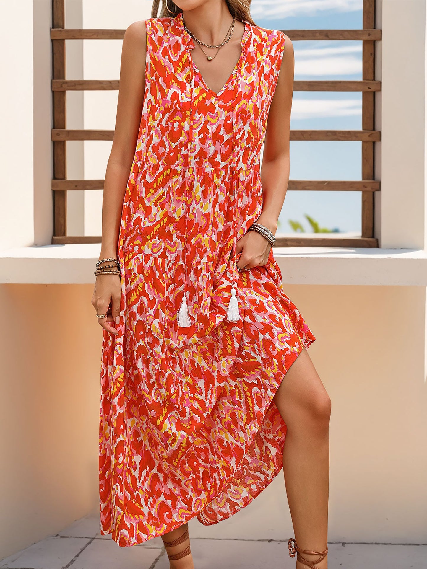 Graphic Sleeveless Tiered A-Line Midi Dress