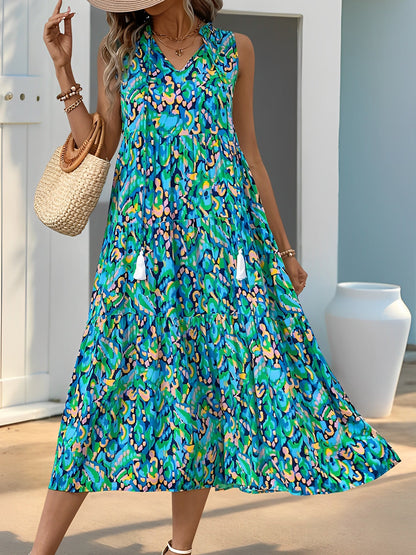 Graphic Sleeveless Tiered A-Line Midi Dress