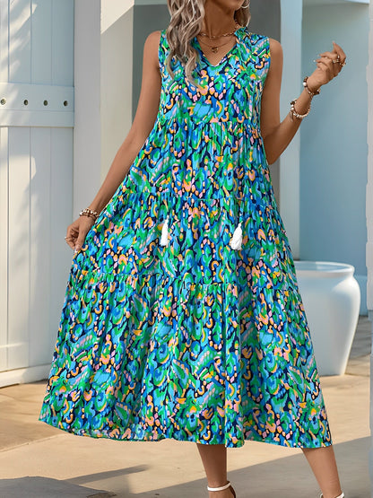 Graphic Sleeveless Tiered A-Line Midi Dress