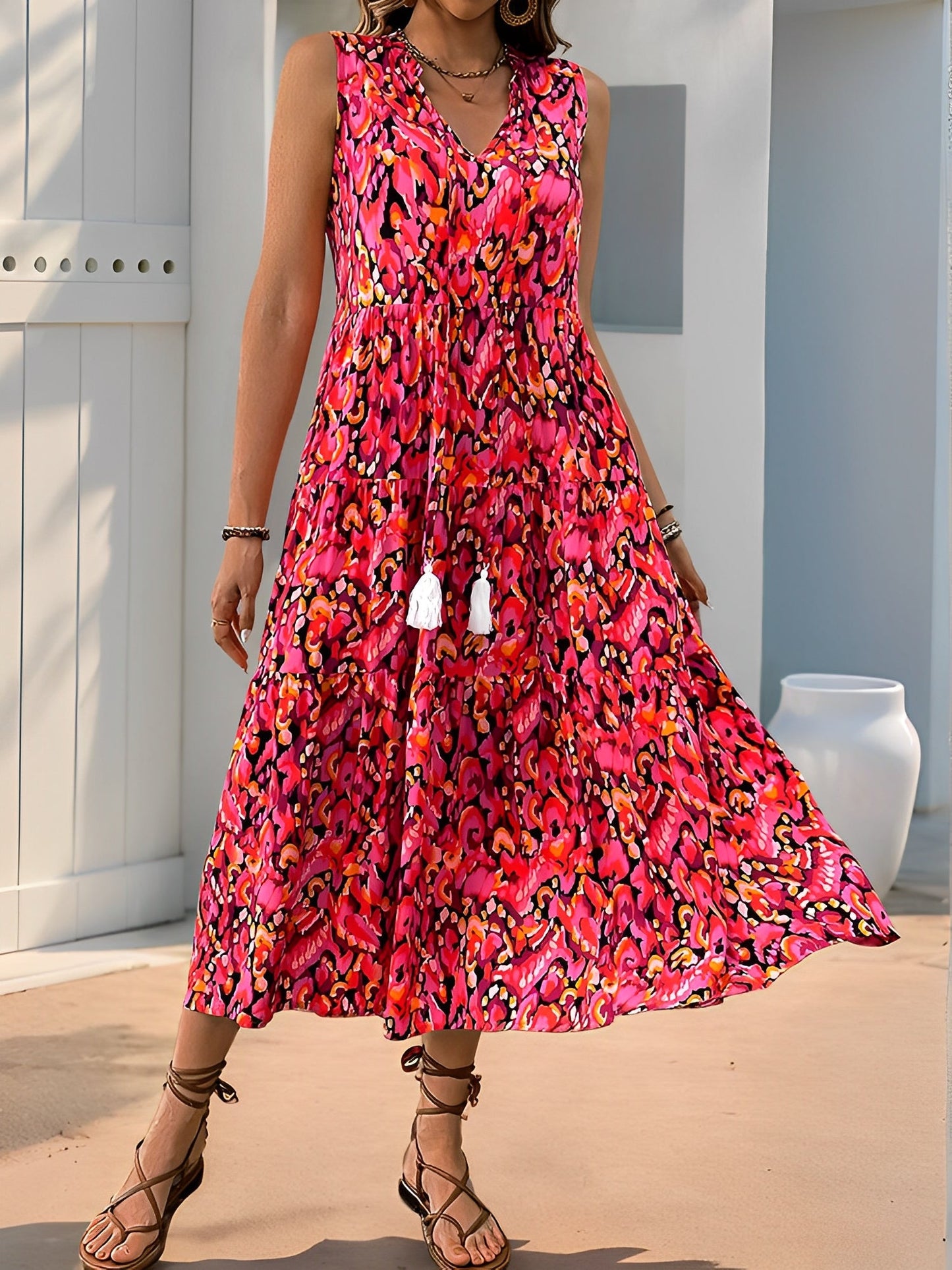 Graphic Sleeveless Tiered A-Line Midi Dress