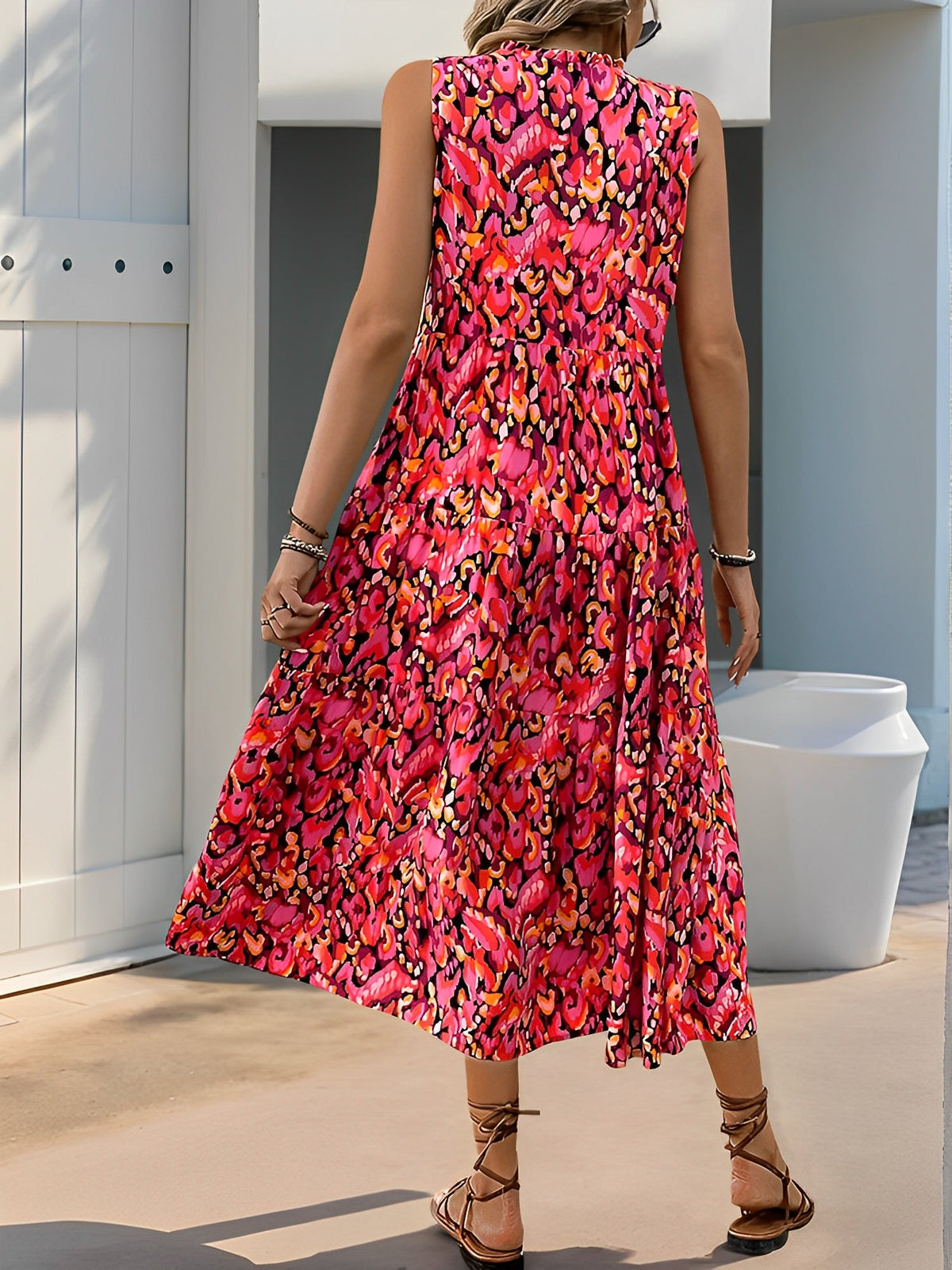 Graphic Sleeveless Tiered A-Line Midi Dress