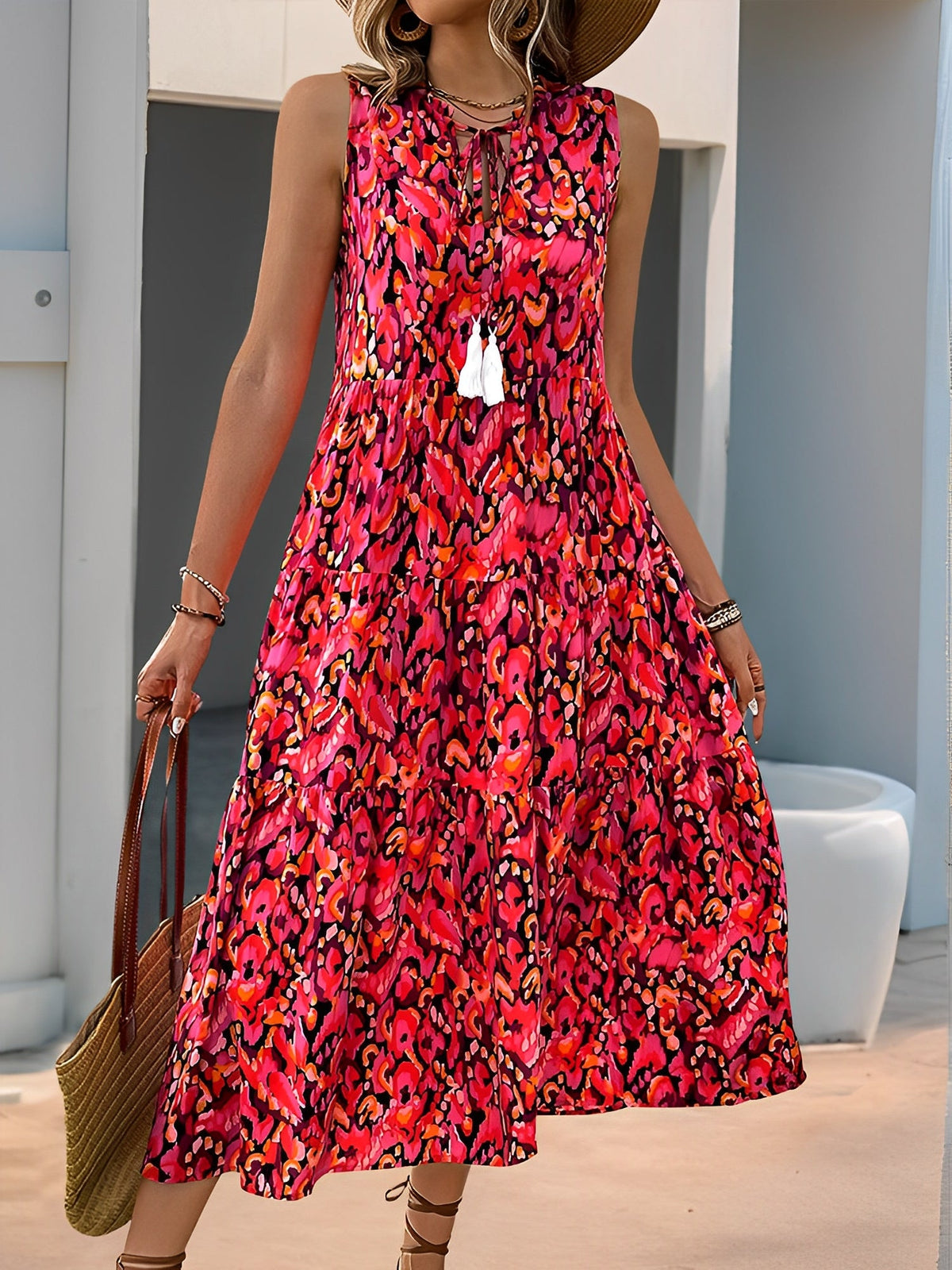 Graphic Sleeveless Tiered A-Line Midi Dress