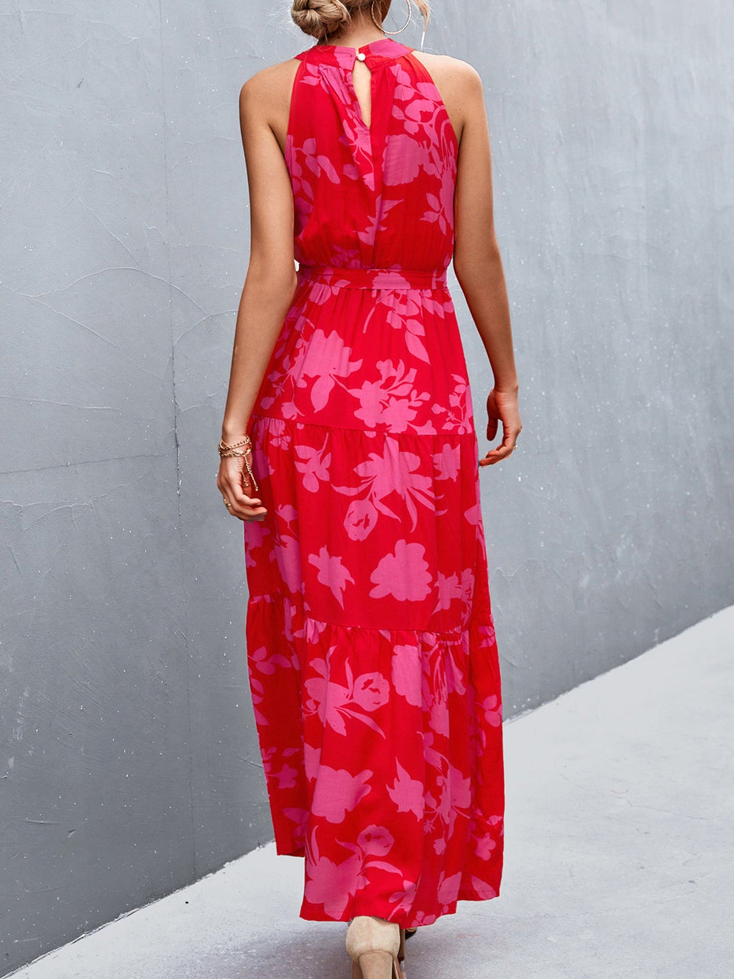 Floral Halter Sleeveless Tiered Maxi Dress