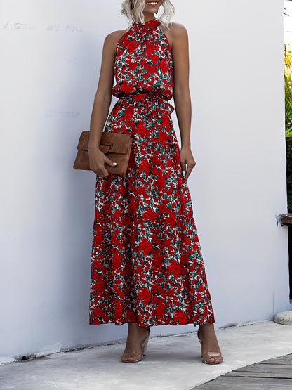 Floral Halter Sleeveless Tiered Maxi Dress