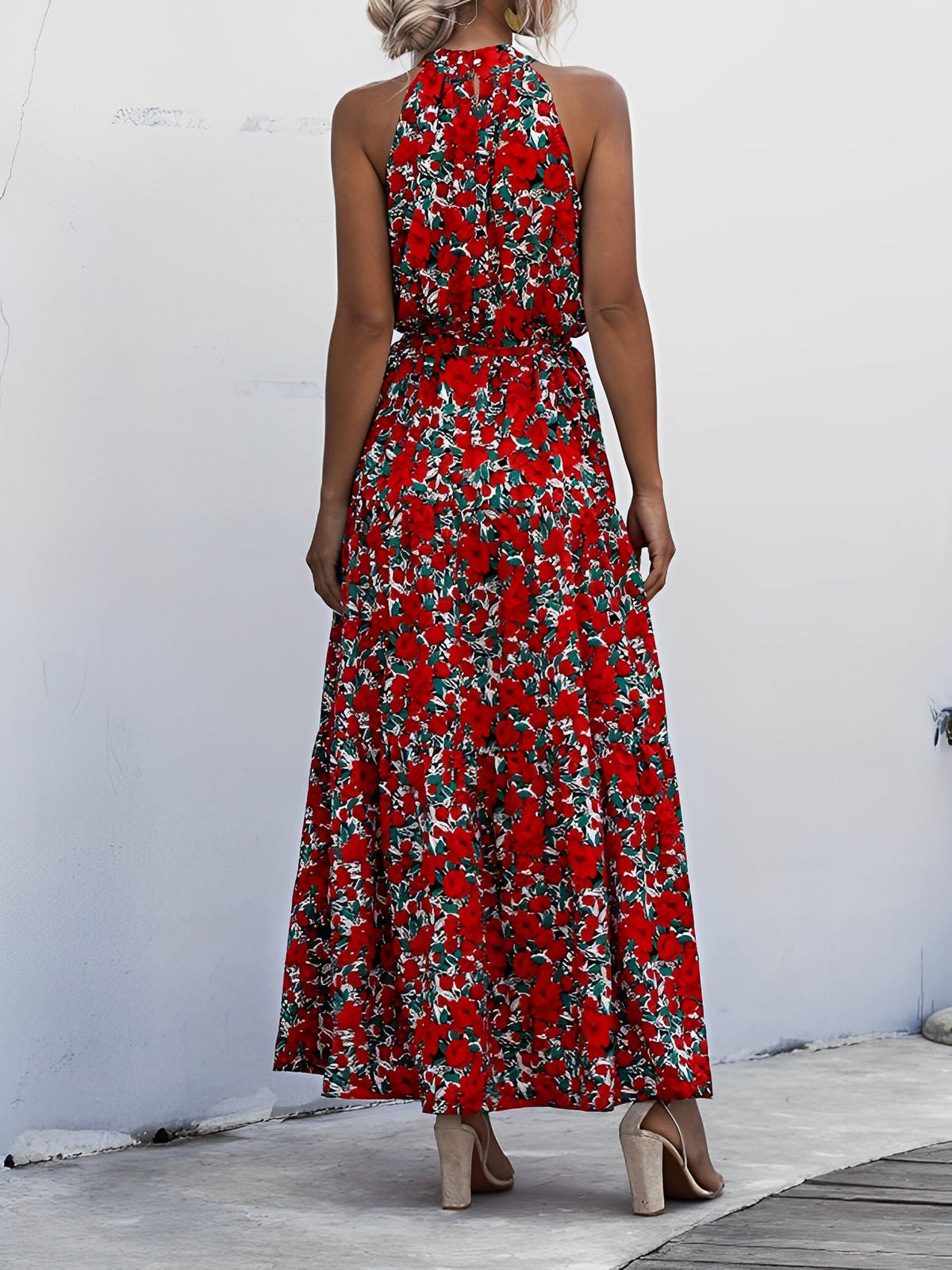 Floral Halter Sleeveless Tiered Maxi Dress