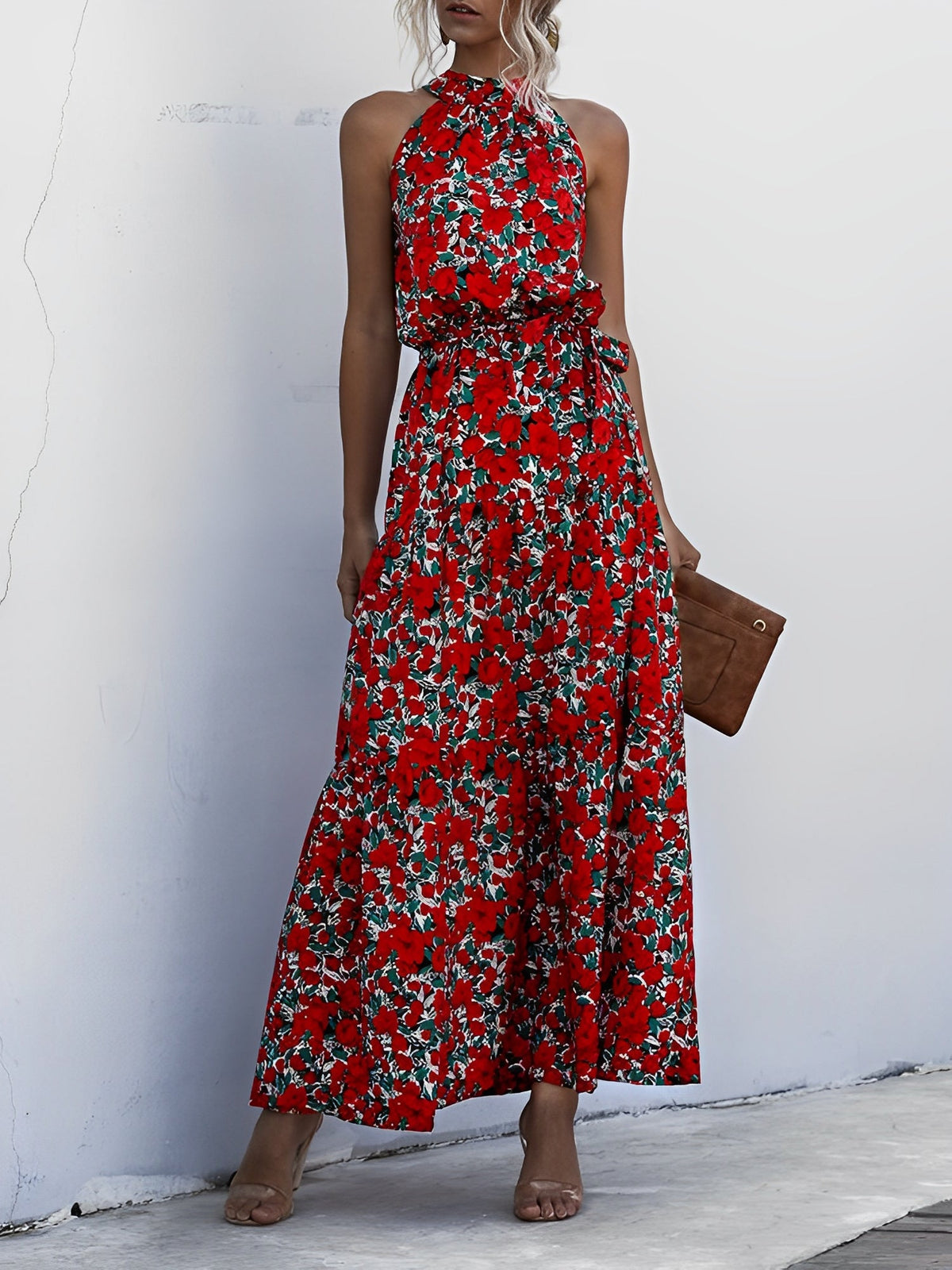 Floral Halter Sleeveless Tiered Maxi Dress
