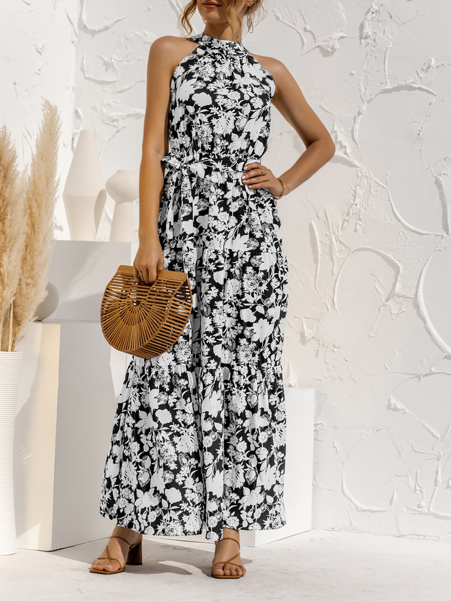Floral Halter Sleeveless Tiered Maxi Dress